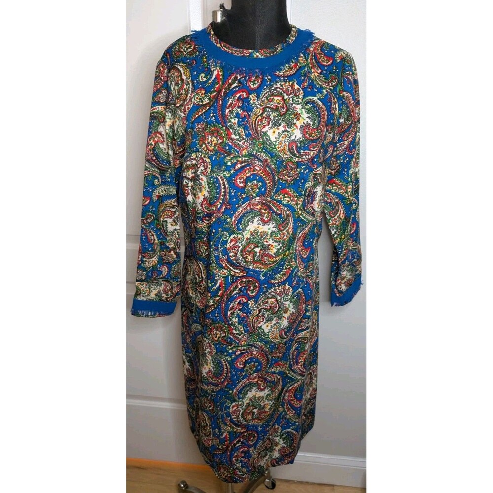 Vintage 60s Paisley Shift Dress Hays-Black Label Blue Fringe Festival Size S/M